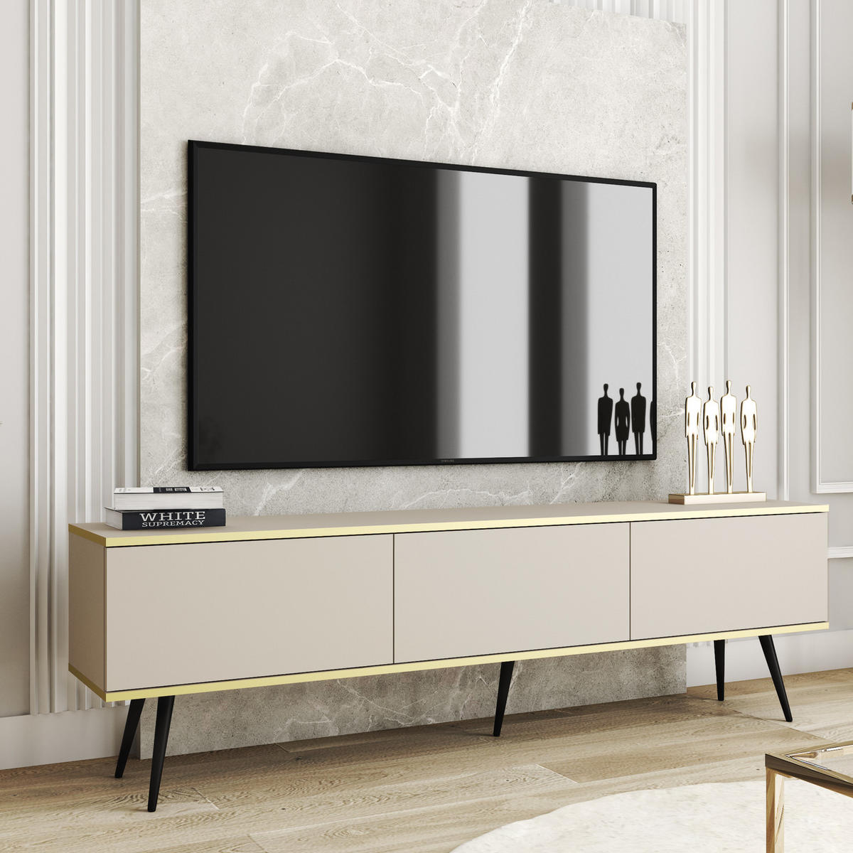 TV-LOWBOARD FORNO (Beige, Goldene Details, 3 Türen, schwarze Metallfüße, 175 cm) - Beige/Schwarz, Holz/Holzwerkstoff (175/53/32cm) - Ravio