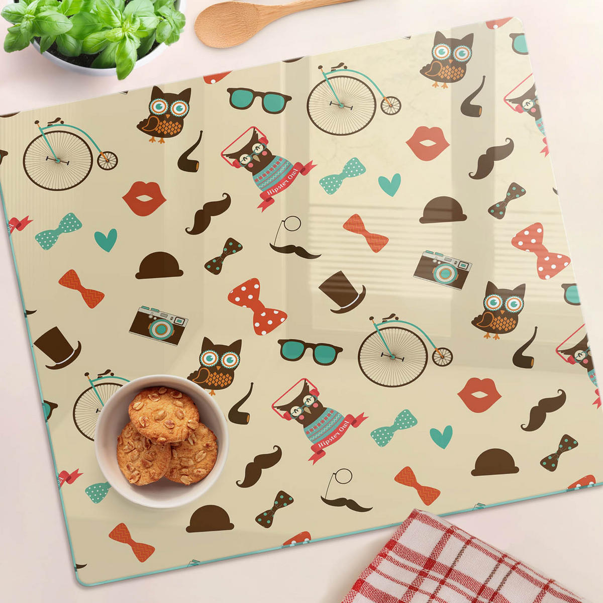 GLASPLATTE 60x52 cm Hipster-Eulen - Multicolor, Glas (60/0.4/52cm) - TULUP