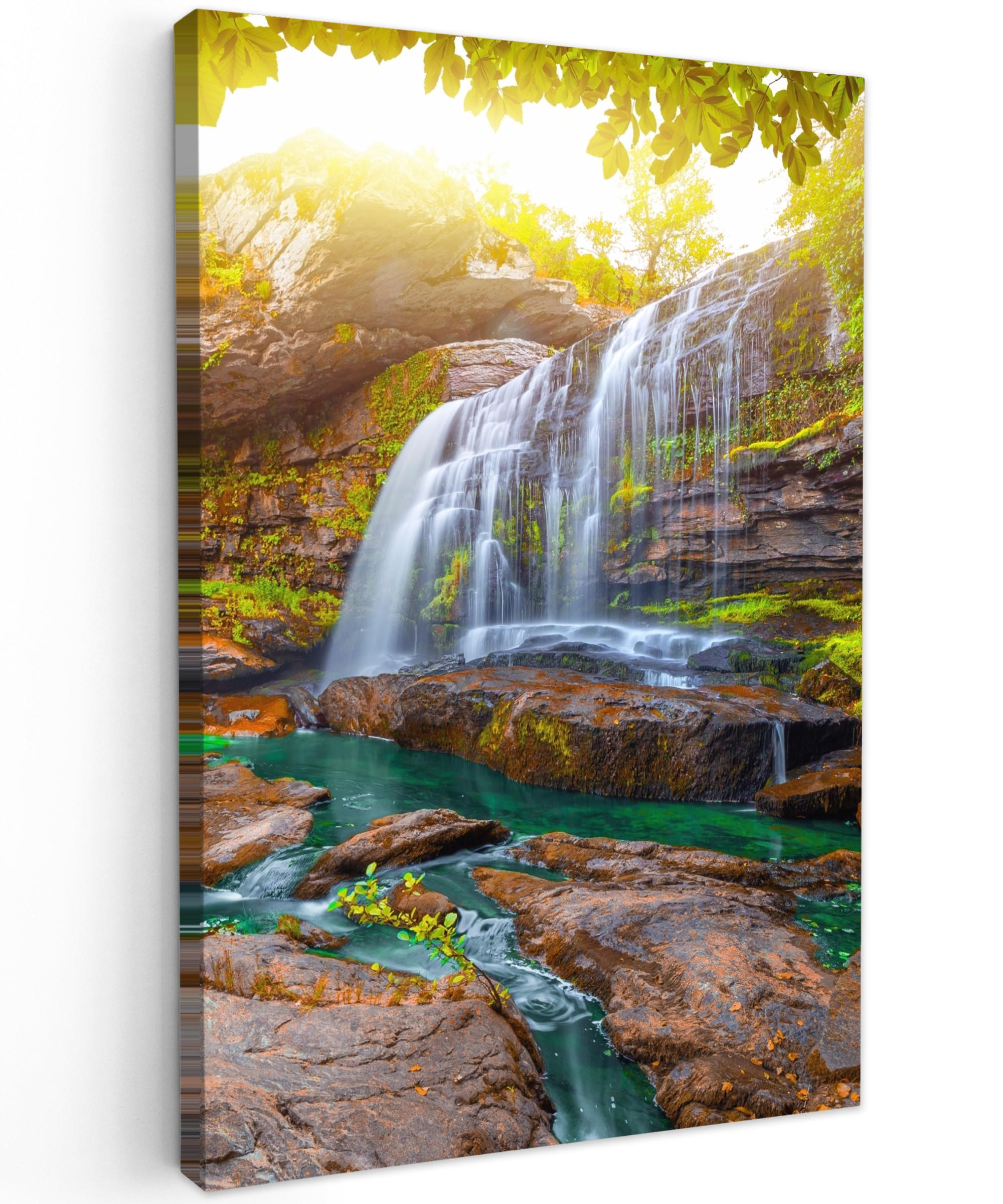 LEINWANDBILD Natur - Wasserfall - Pflanzen - Bäume - Sonne 80x120 cm - Olivgrün, Textil (80/120cm) - MuchoWow
