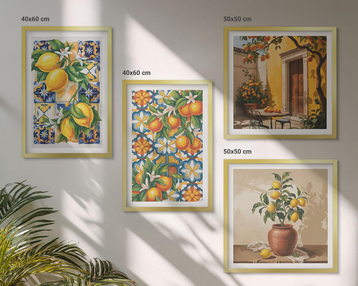 WANDBILDER 4er Set - 50x50 cm & 40x60 cm Goldrahmen - Zitronenorange Blütenmuster - Goldfarben, Kunststoff (50/50cm) - ArtPrintCave