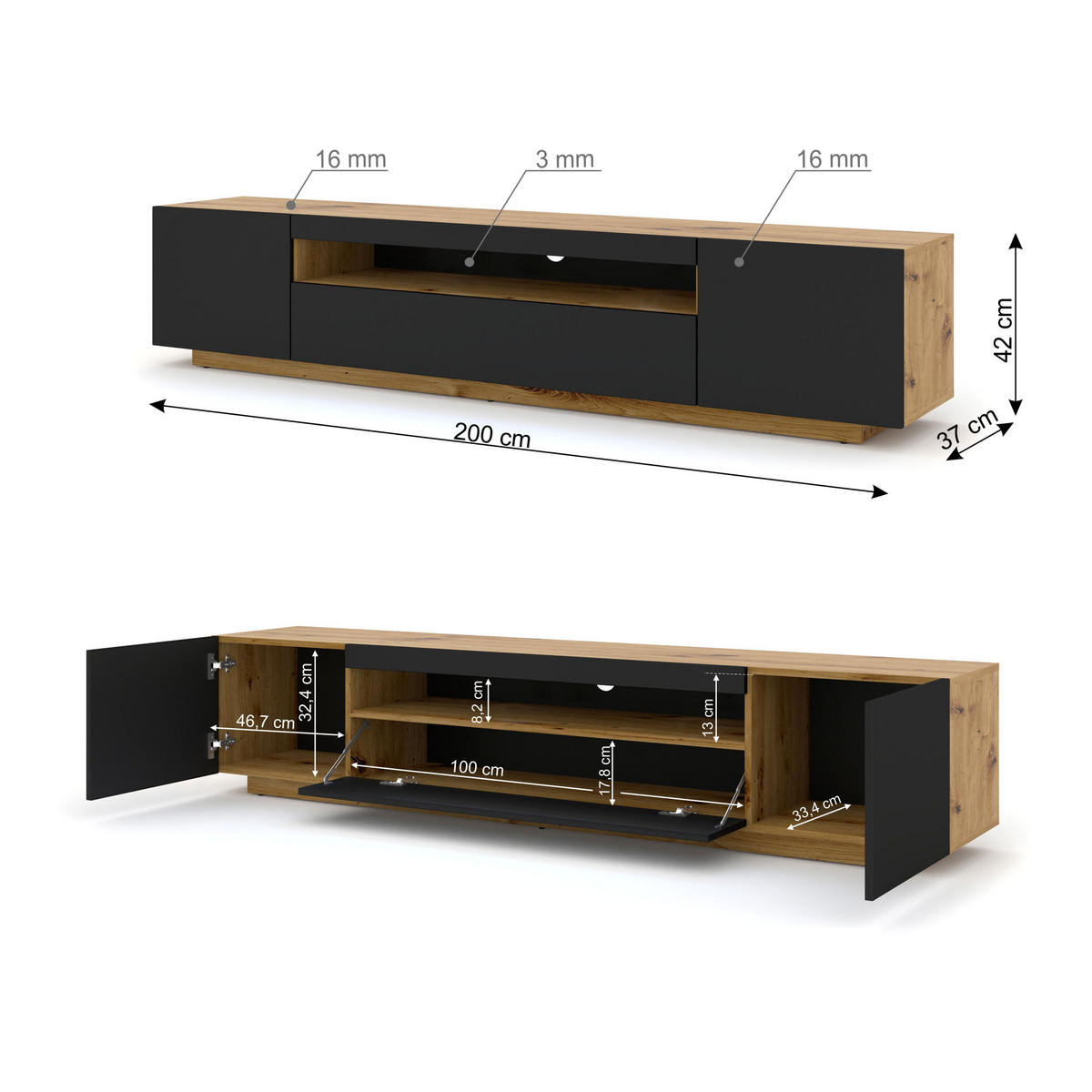 TV LOWBOARD Artisan Eiche, Schwarz 200/42/37 - Schwarz/Eiche Artisan, Holzwerkstoff (200/42/37cm) - RAUMHIRSCH FURNITURE