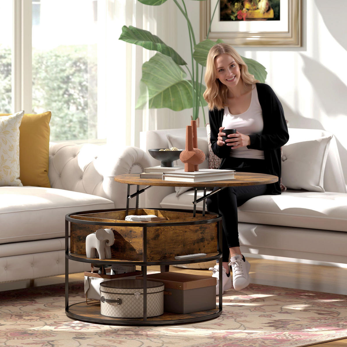 COUCHTISCH Höhenverstellbarer mit Ablagefläche, Braun - Braun, Metall (80/80/61.5cm) - HOMCOM