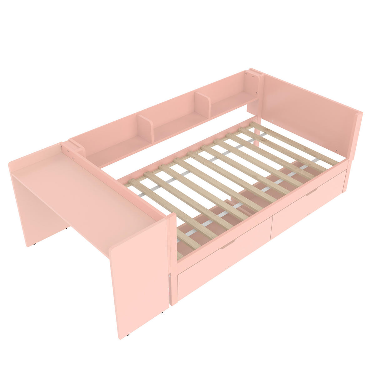 RAHMENBETT 90/200 cm in Rosa mit Schreibtisch, 2 Schubladen und Regalen - Rosa, Holz (90/200cm) - Flora Grace
