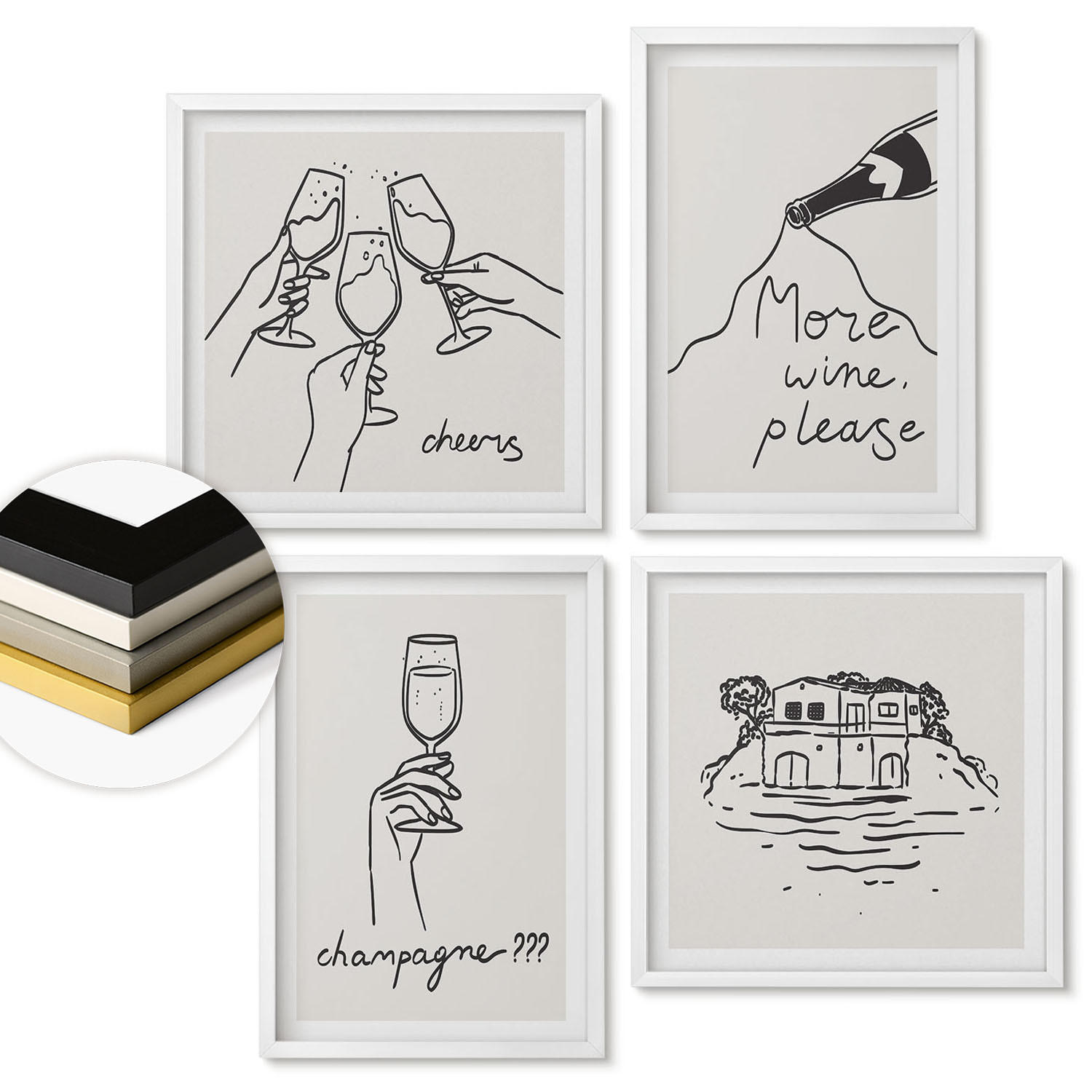WANDBILDER 4er-Set - 50x50 cm & 40x60 cm Weißer Rahmen - Fröhliche Momente mit Champagner - Weiß, Kunststoff (50/50cm) - ArtPrintCave