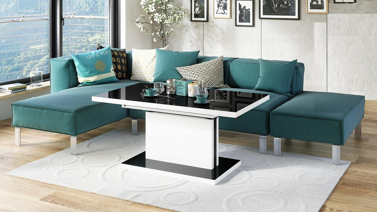 COUCHTISCH rechteckig Schwarz Hochglanz Weiß matt ausziehbar höhenverstellbar - Schwarz Hochglanz/Weiß, Holzwerkstoff (80/120/56cm) - designimpex