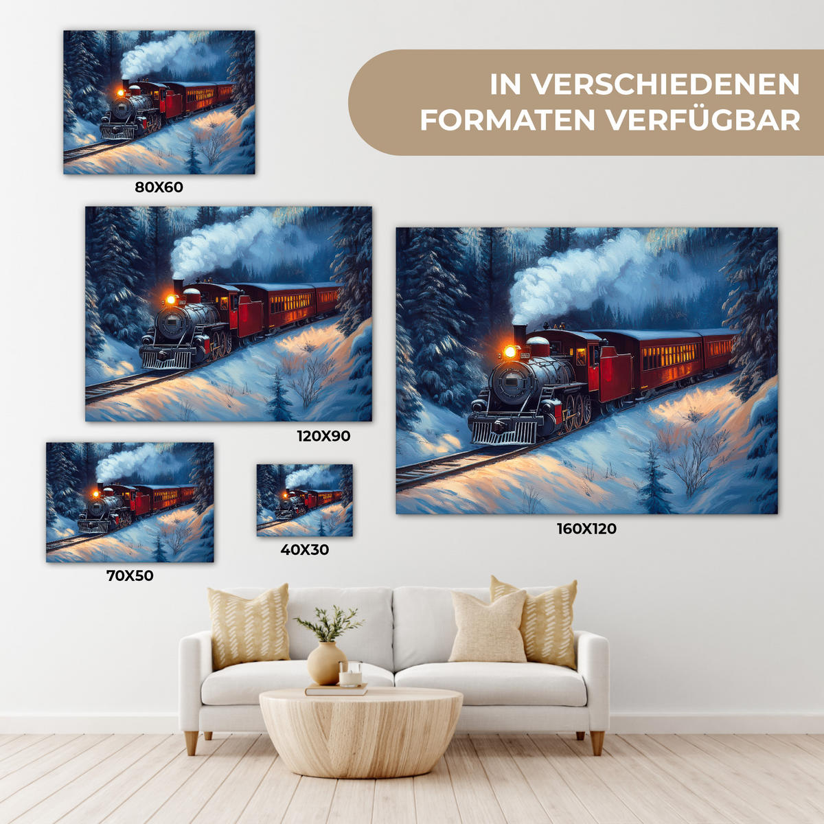 LEINWANDBILD Zug - Weihnachten - Schnee - Weihnachtszug 40x30 cm - Anthrazit, Textil (40/30cm) - MuchoWow