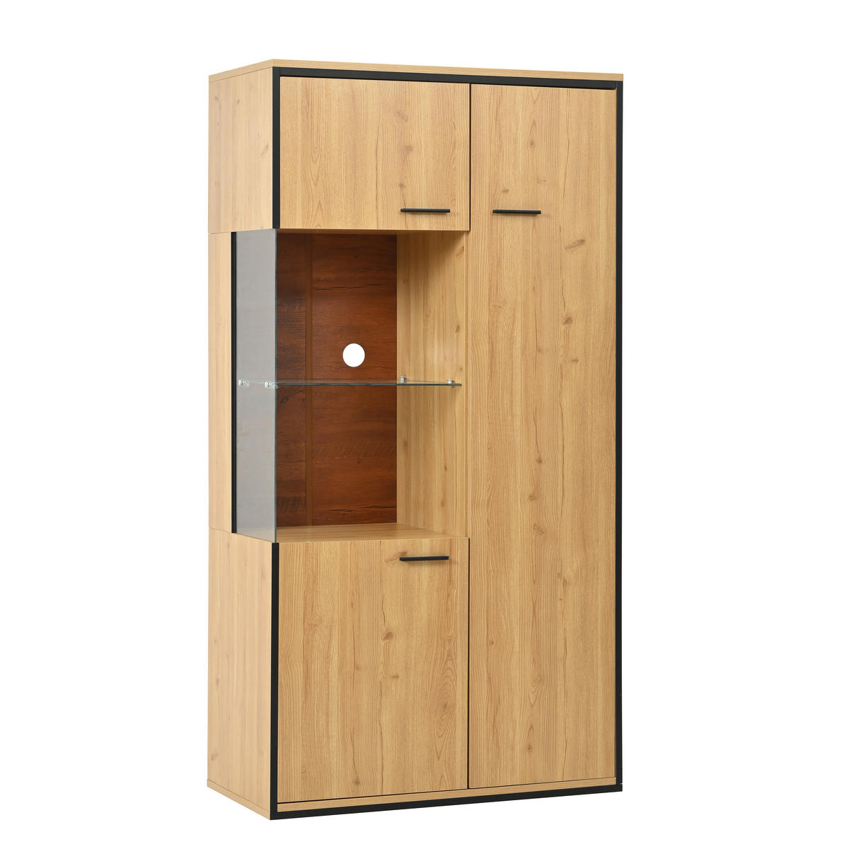 VITRINE 77,5/40/150 cm in Natur aus MDF mit LED-Beleuchtung und Glastür - Schwarz/Naturfarben, Glas/Holzwerkstoff (77.5/150/40cm) - CHICFURN