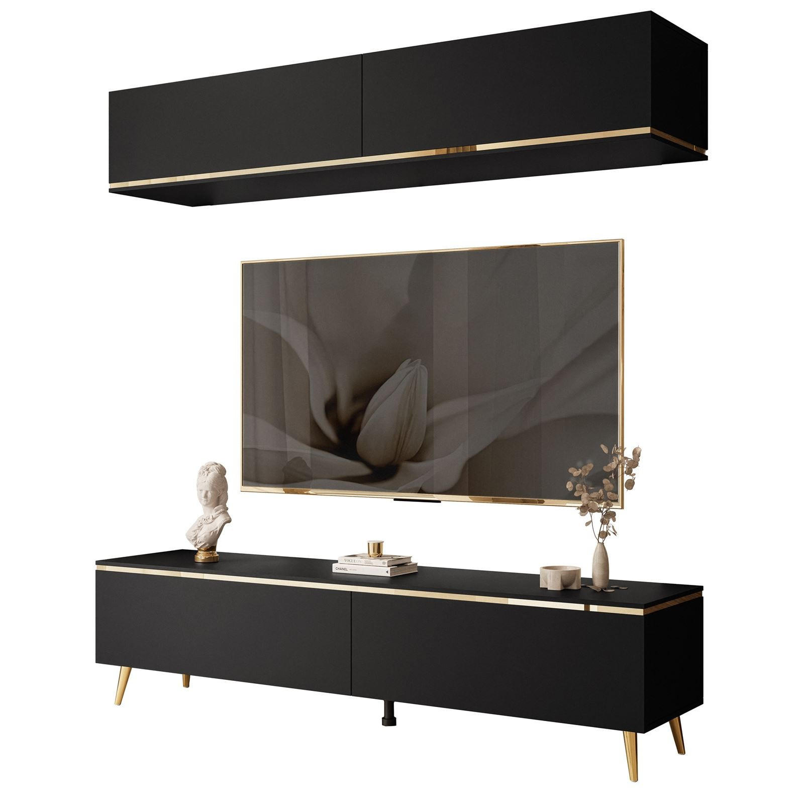 WOHNWAND AURORA in Schwarz Matt mit schräge Goldchrom Fuße - Goldfarben/Schwarz, Holzwerkstoff/Metall (180/45/40cm) - Lookway