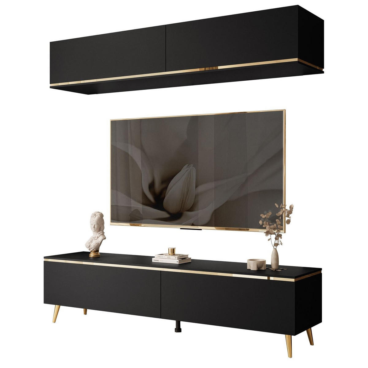 WOHNWAND AURORA in Schwarz Matt mit schräge Goldchrom Fuße - Goldfarben/Schwarz, Holzwerkstoff/Metall (180/45/40cm) - Lookway