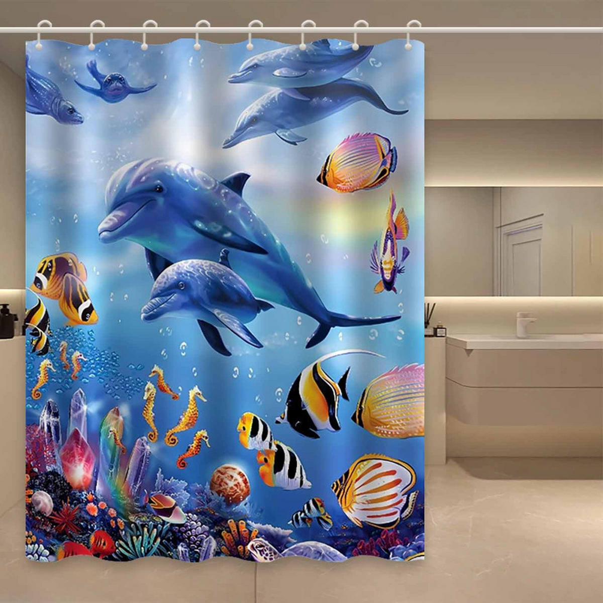 DUSCHVORHANG Muster Delfin Ozean dekorativ fürs Badezimmer Haken - Blau, Textil (120/180cm) - MCBOSON