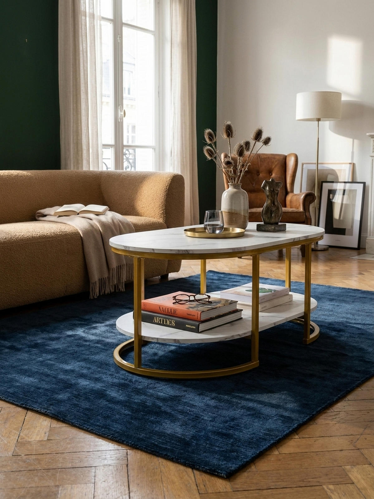 COUCHTISCH mit Marmor Optik, rechteckig, Ablage, goldenes Metallgestell, Weiß 100x60x45 cm - Goldfarben/Weiß, Holzwerkstoff/Metall (60/100/45cm) - KADIMA DESIGN