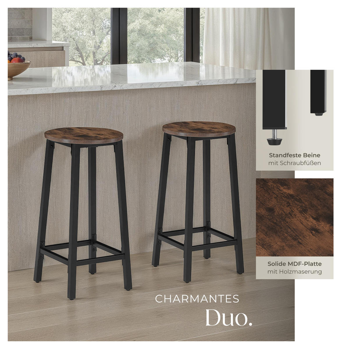 BARHOCKER 2er Set Corby,Sitzhöhe 66 cm,Industrial Holz dunkel - Rostfarben, Holz (32/66/32cm) - tectake