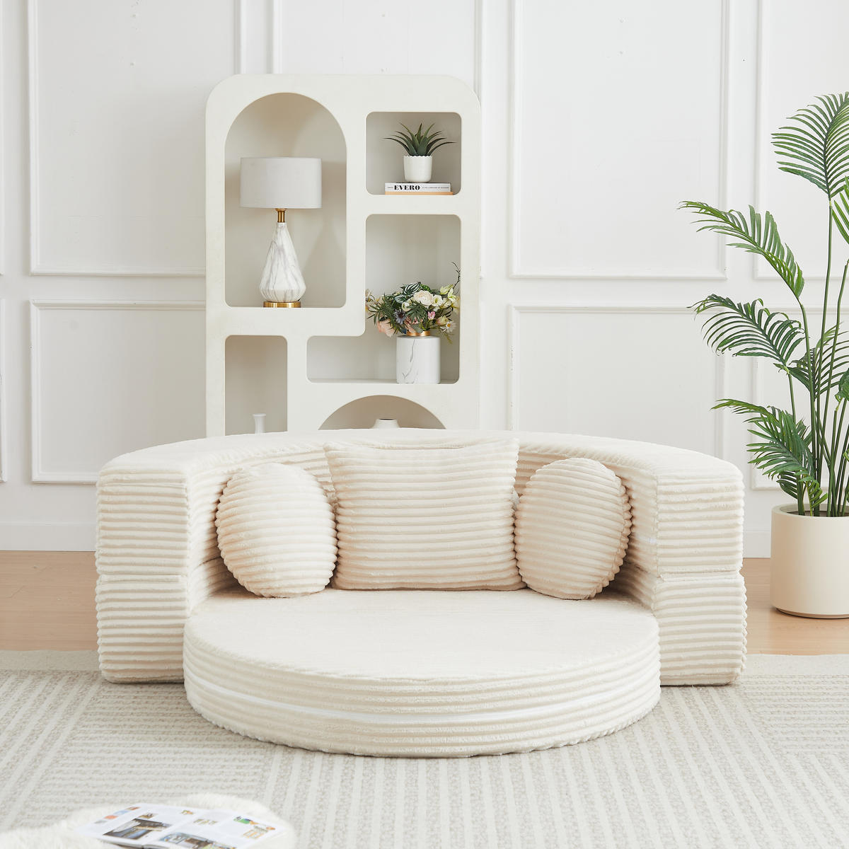 SCHLAFSOFA 4-in-1 halbrund/rund mit 3 Kissen, DE-42726, Beige - Beige, Textil (180/84/92cm) - ComfortXL