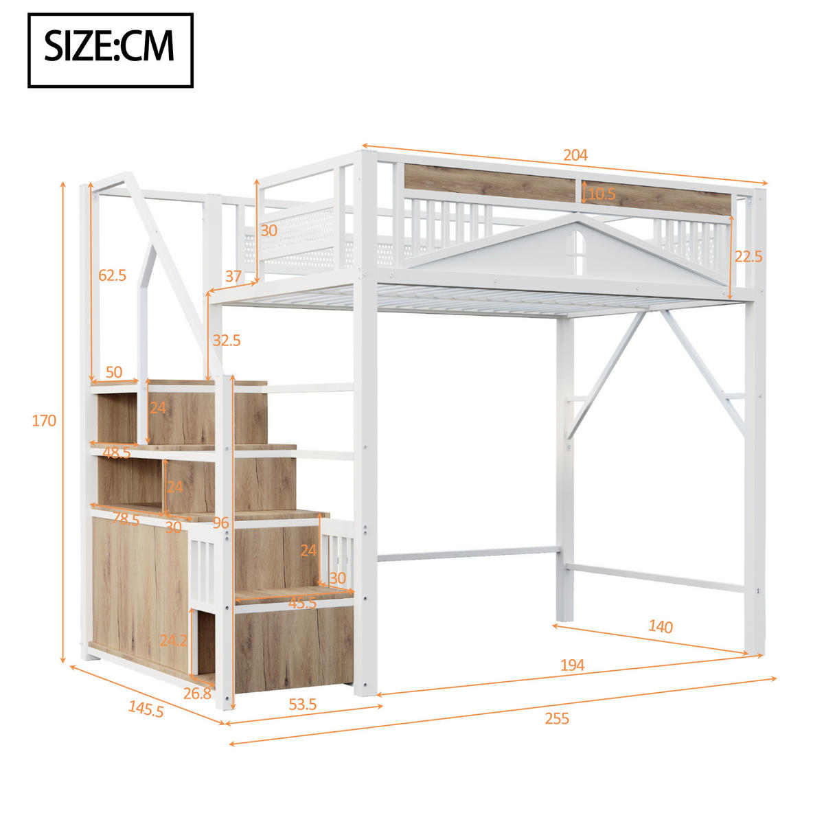 HOCHBETT 140 x 200 cm, Metallmaterial, Sicherheitsleiter mit Stauraum, weiß - Weiß, Metall (140/200cm) - KOMHTOM