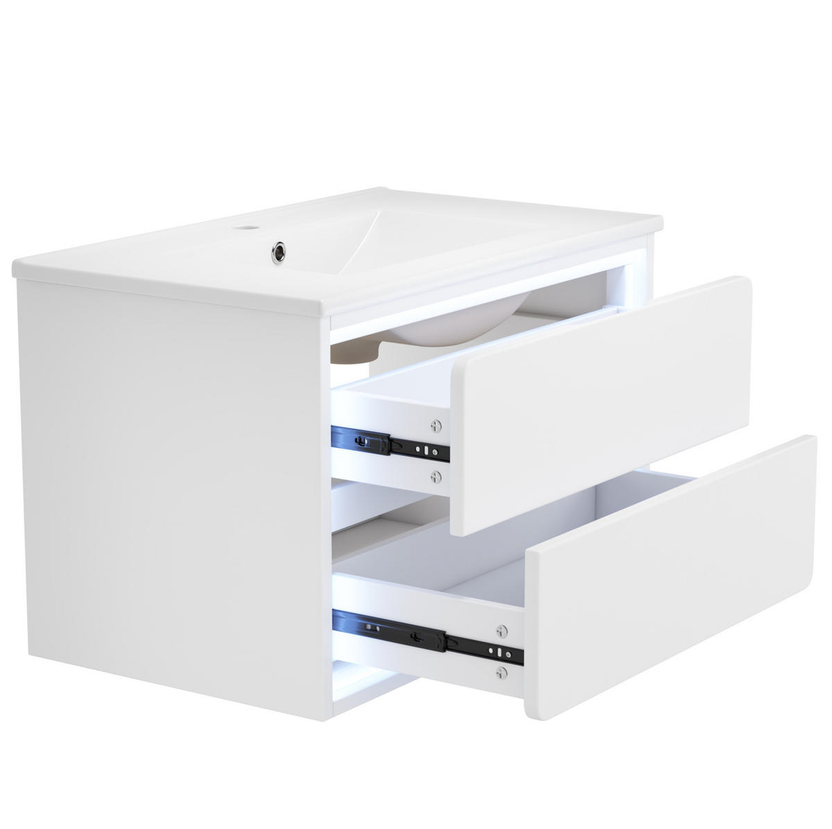 ZÁVĚSNÁ koupelnová skříňka z MDF 76x46x48,5 cm bílá s keramickým umyvadlem, LED senzorovým osvětlením a 2 zásuvkami - bílá, kompozitní dřevo (76/58.5/46cm) - Modfu