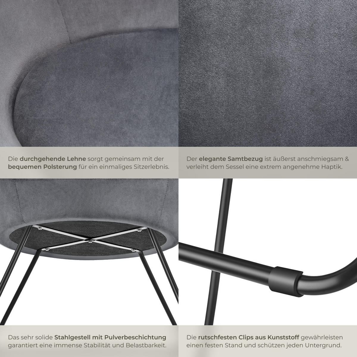COCKTAILSESSEL Centera,83 x 73 x 82 cm,Samtoptik anthrazit - Anthrazit/Samtahornfarben, Metall (83/82/73cm) - tectake