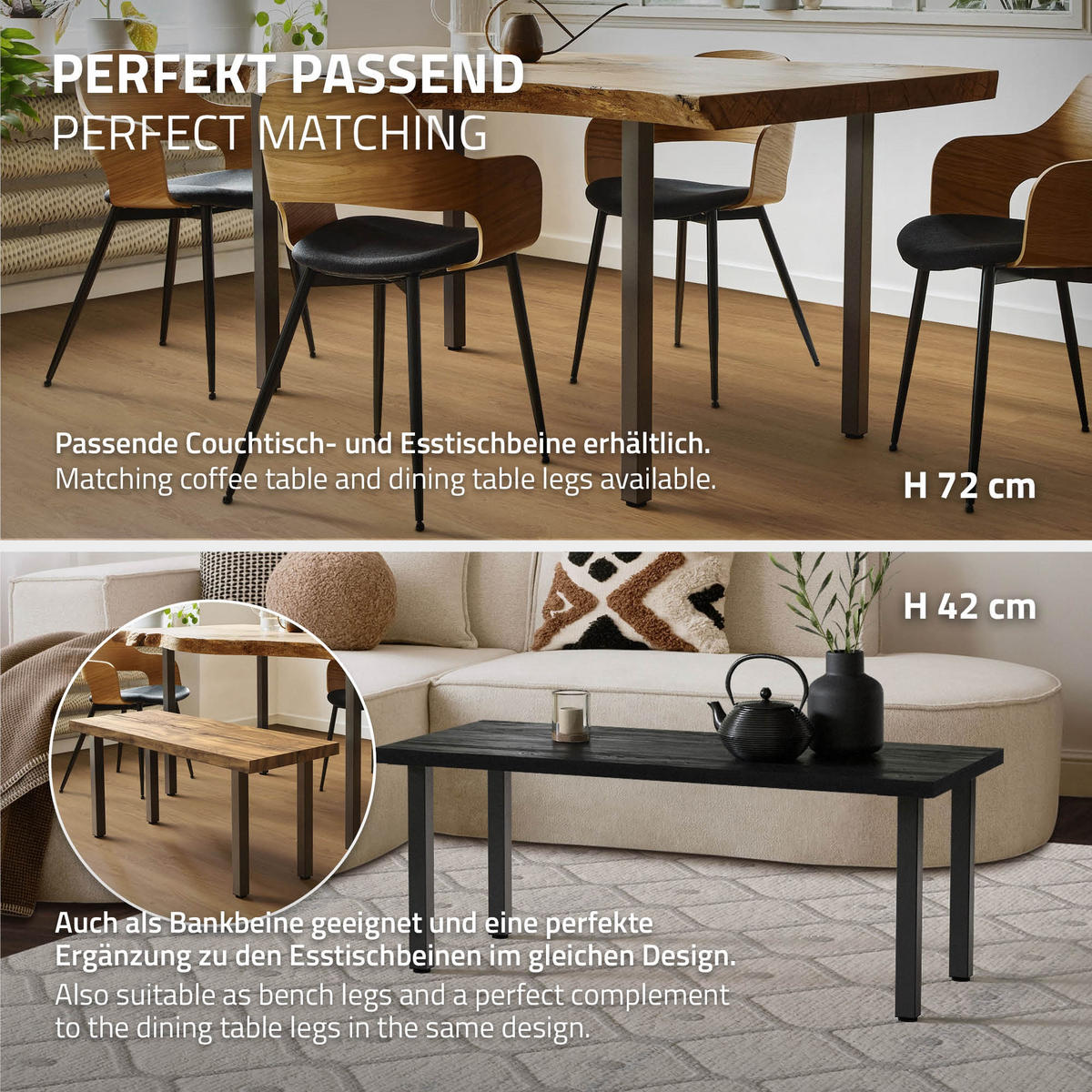 TISCHBEINE 4er Set I-Design H:30 cm Dunkelgrau 4x4 cm - Dunkelgrau, Metall (4/30/4cm) - ML-DESIGN