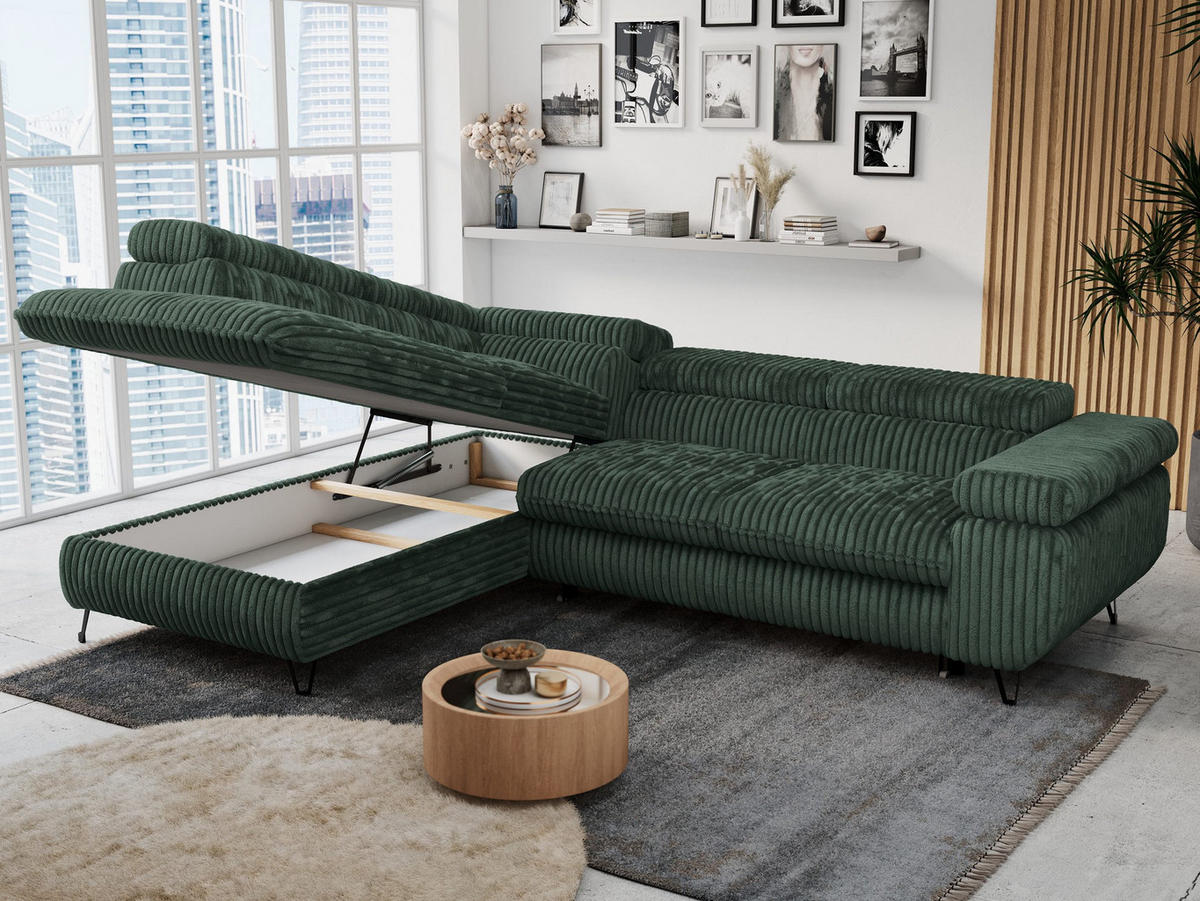 ECKSOFA PETER L Grün Cord - Links Seite - Schwarz/Grün, Textil/Metall (208/273cm) - MKS