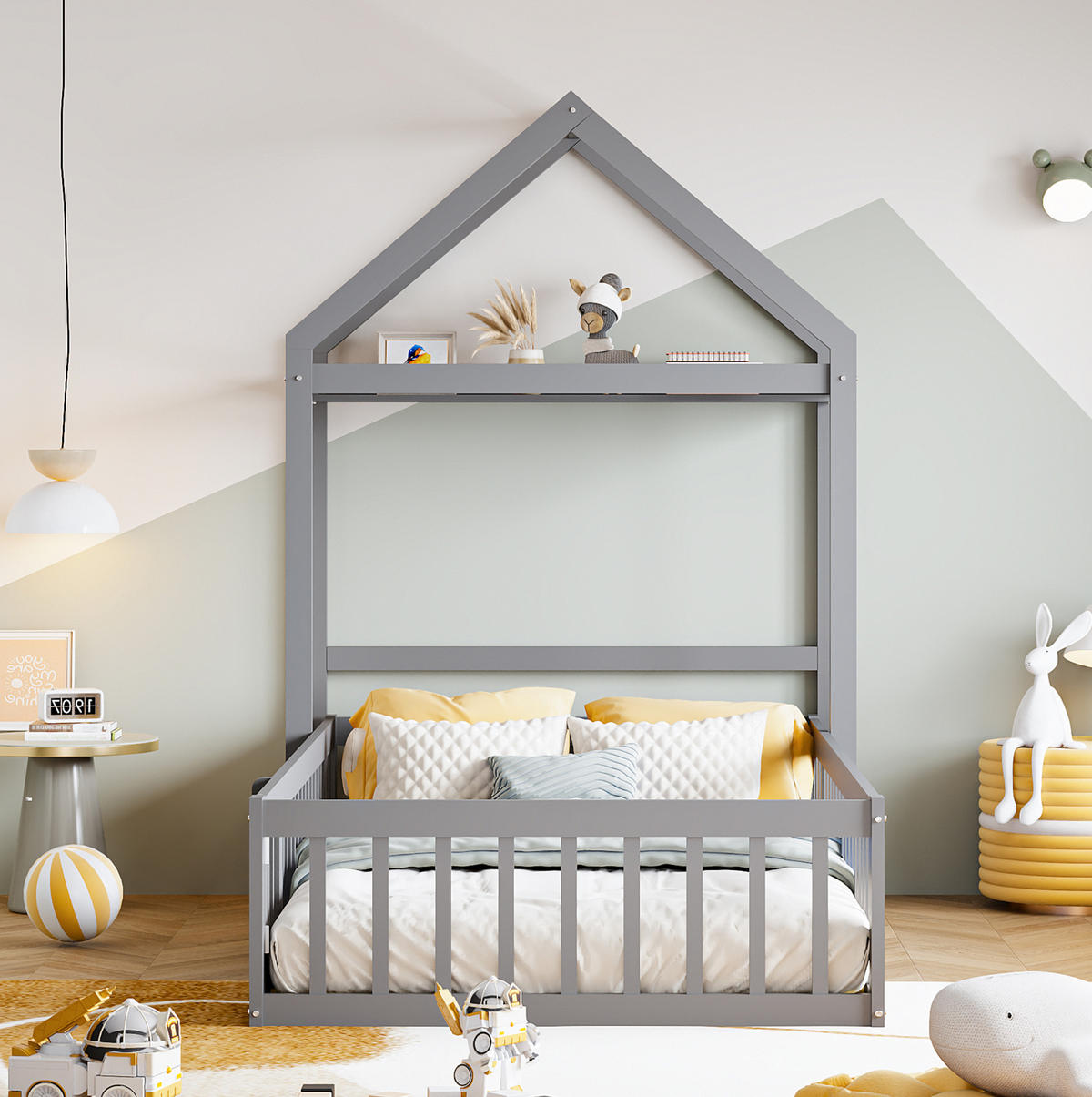 HAUSBETT 90/200 cm in Grau – mit Dachaufbau, Tür und Stauraum - Grau, Holz (90/200cm) - BEAOK