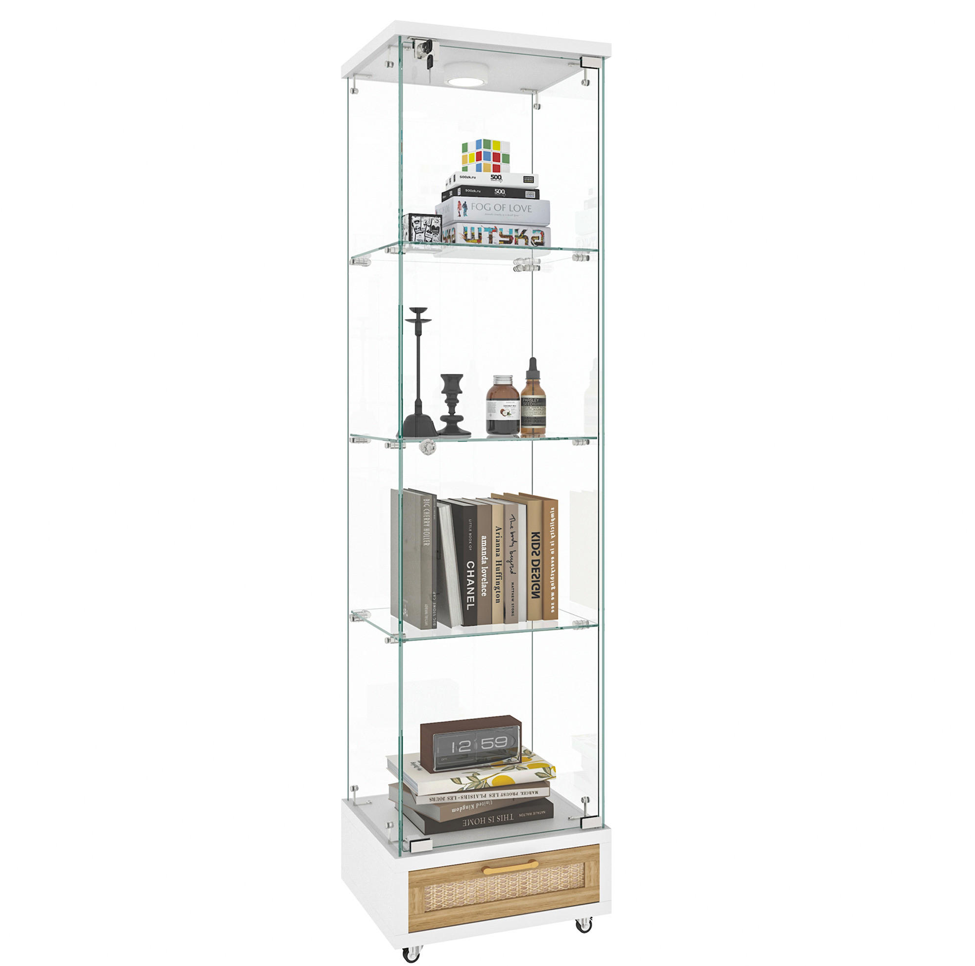Modfu VITRÍNA z MDF a tvrzeného skla 42,5x167x36,5 cm bílá s LED osvětlením, zásuvkami a uzamykatelným úložným prostorem