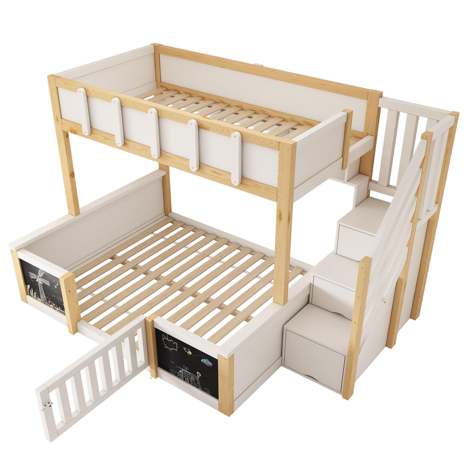 ETAGENBETT aus Massivholz, MDF und Sperrholz 90x200/140x200 cm Weiß/Natur mit Stauraumtreppe - Weiß, Holz (90/200cm) - Modfu