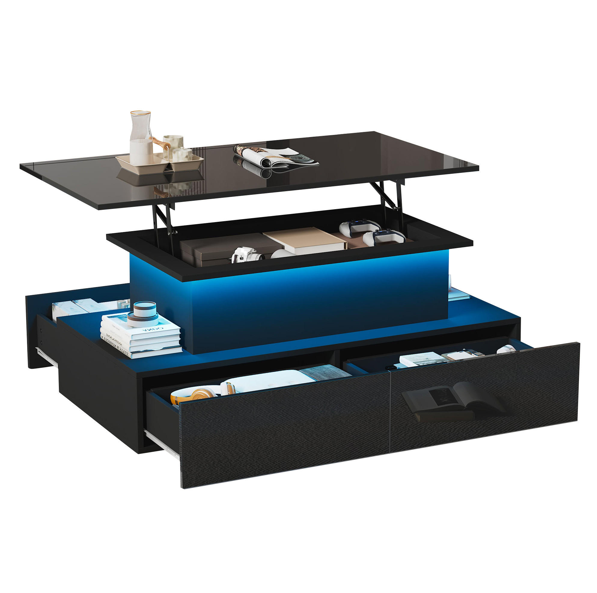 KONFERENČNÍ stolek 90/55/41 cm černý z dřevotřísky s LED osvětlením a výsuvnou deskou - černá, kompozitní dřevo (90/55/41cm) - OKWISH