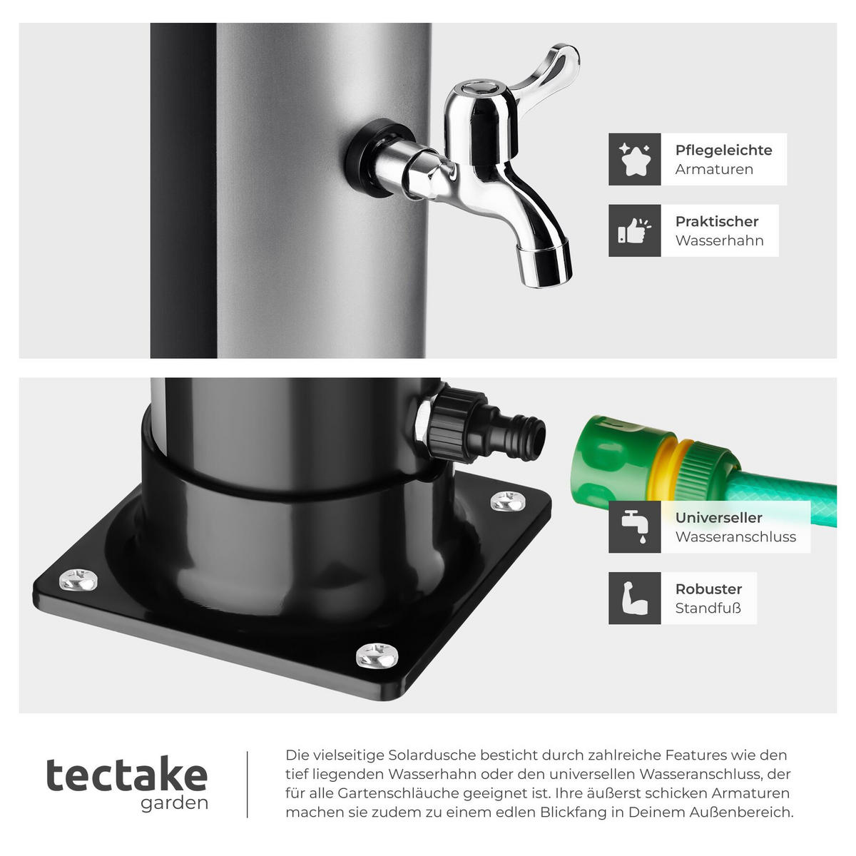 SOLARDUSCHE Tinto, extra Wasserhahn, inklusive Schutzhülle, schwarz/silber - Silberfarben/Schwarz, Kunststoff (15.5/221/42.5cm) - tectake