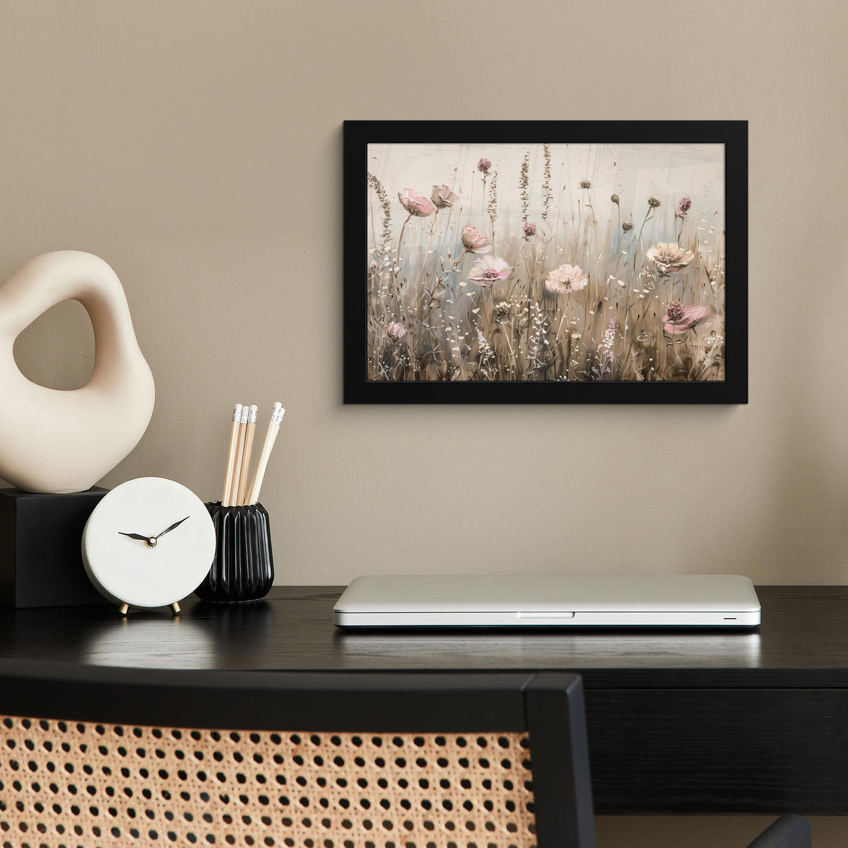 POSTER MIT RAHMEN Blumen - Rosa - Modern - Beige 30x20 cm - Beige, Papier (30/20cm) - MuchoWow