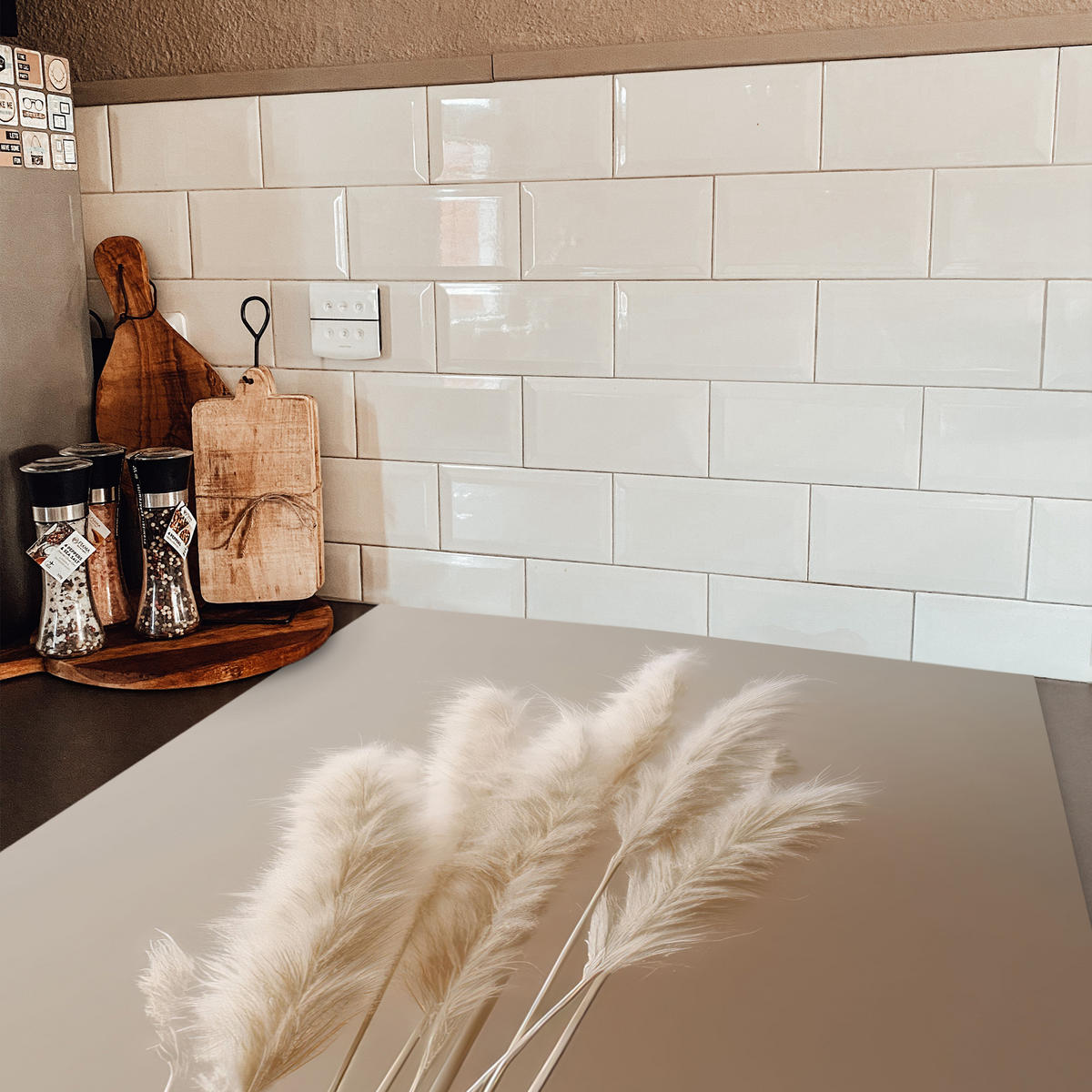 HERDABDECKPLATTE Pampasgras - Federn - Pastell - Weiß Induktionsmatte 78x78 cm - Creme, Kunststoff (78/78/0.2cm) - MuchoWow