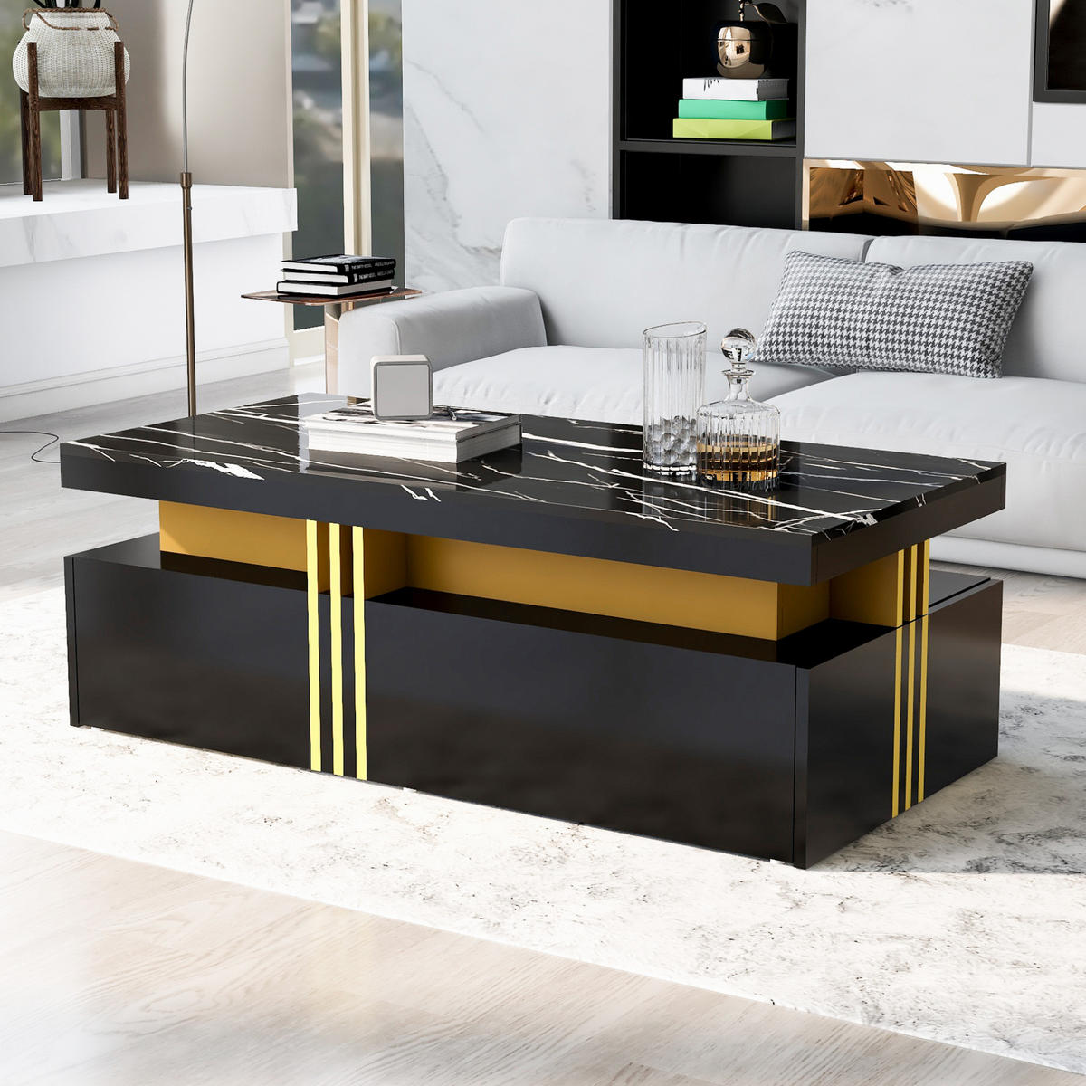 COUCHTISCH, schwarze marmorierte Hochglanzplatte, 2 Schubladen, Metallrand, 100/50/40 cm,schwarze - Schwarz, Holzwerkstoff (100/50/40cm) - Redom