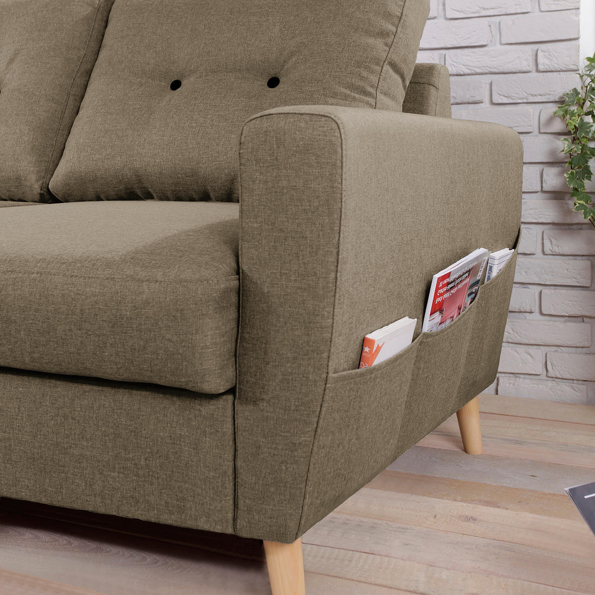 ECKSOFA mit Ottomane - Webstoff - Hellbraun/Cappuccino, Holz/Textil (230/200cm) - home24