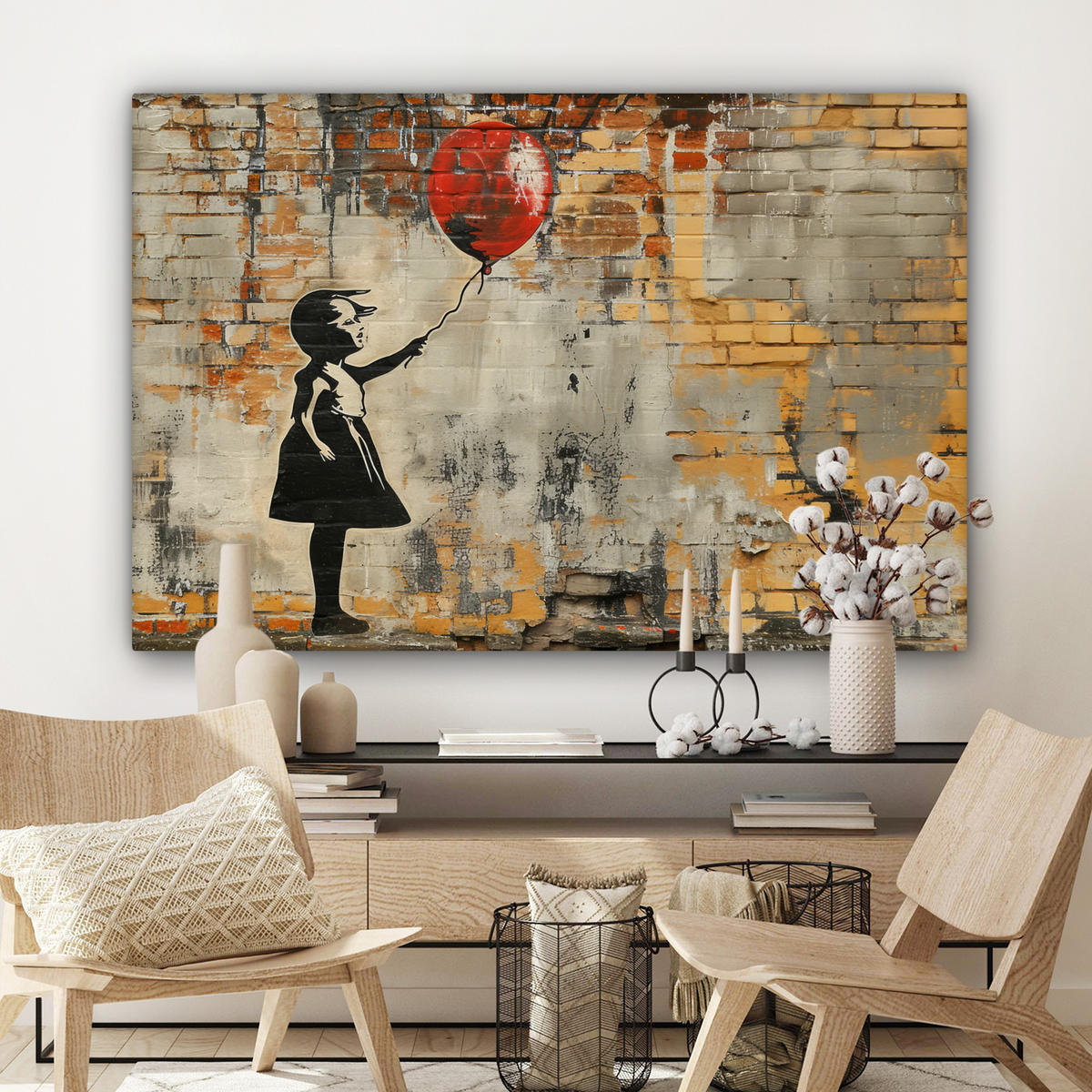 LEINWANDBILD Graffiti - Banksy - Mädchen - Straßenkunst Groß 140x90 cm - Sandfarben, Textil (140/90cm) - MuchoWow