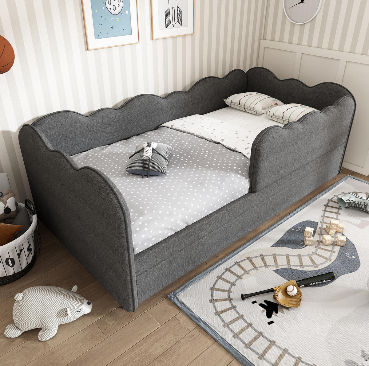 DENNÍ postel 90/190 cm šedá z lnu s výsuvným lůžkem - šedá, textil (90/190cm) - OKWISH
