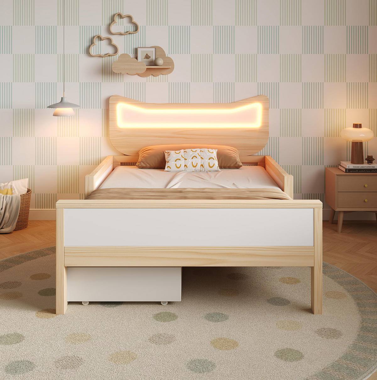 KINDERBETT 90/190 cm mit RGB-LED, Schutzgitter, Schublade und Staufach, Weiß/Eiche - Weiß, Holzwerkstoff (90/190cm) - Redom
