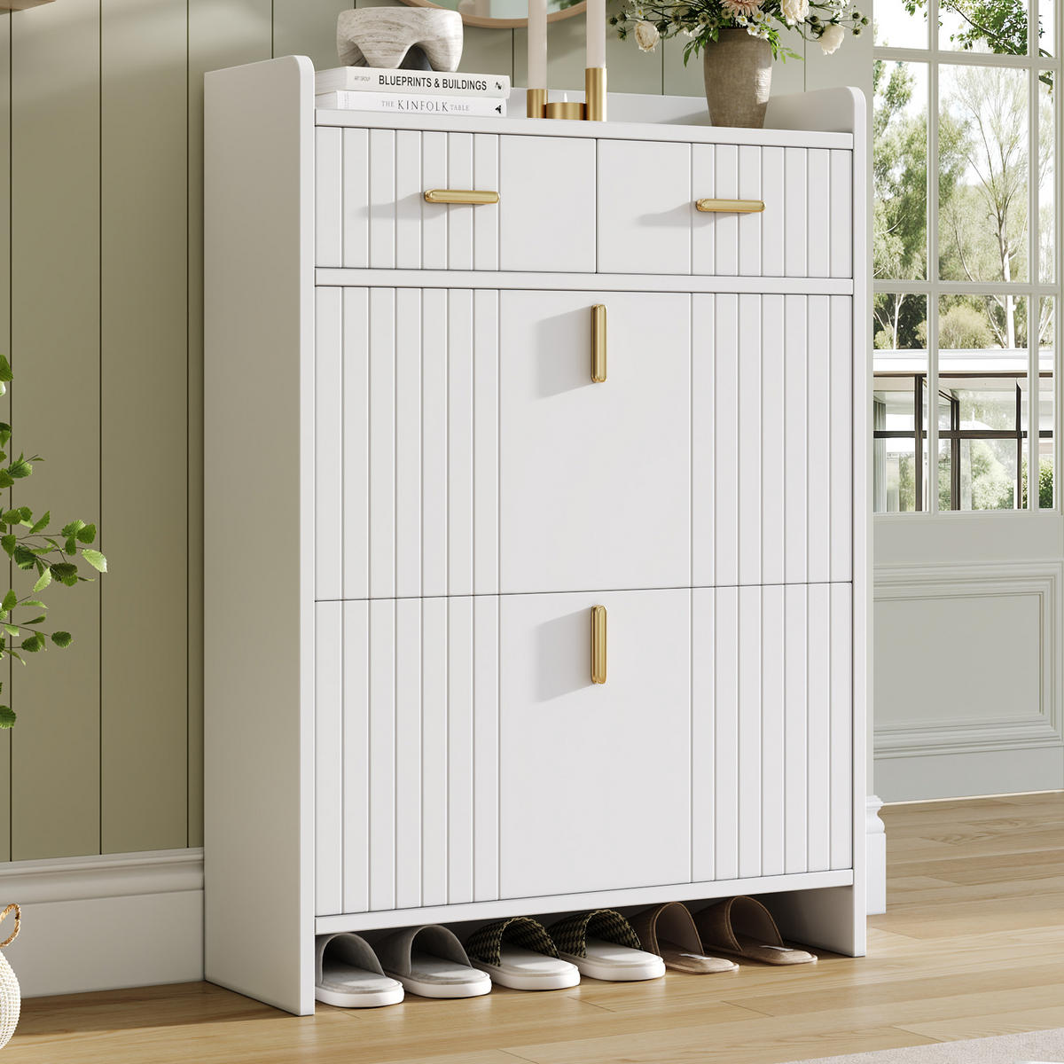 SCHUHSCHRANK 75x24x108.5cm Weiß mit 2 Schubladen - Weiß, Holzwerkstoff (75/108.5/24cm) - FLIEKS