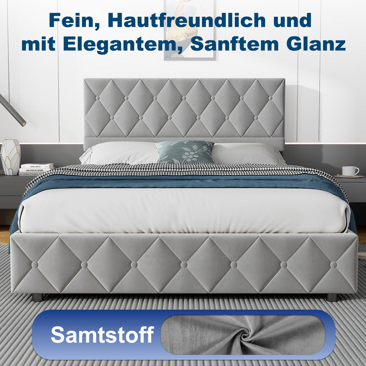 POLSTERBETT 140/200 cm in Grau Samt mit Bettkasten, hydraulischem Doppelhub-System und Lattenrost - Grau, Holzwerkstoff/Textil (140/200cm) - CHICFURN