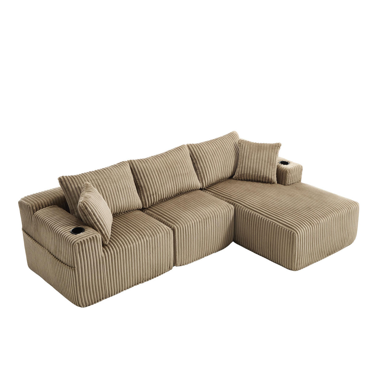 ECKSOFA Inklusive 5 Kissen,seitlicher Stauraum und Getränkehalter, Khaki - Cappuccino, Textil (160/257cm) - KOMHTOM