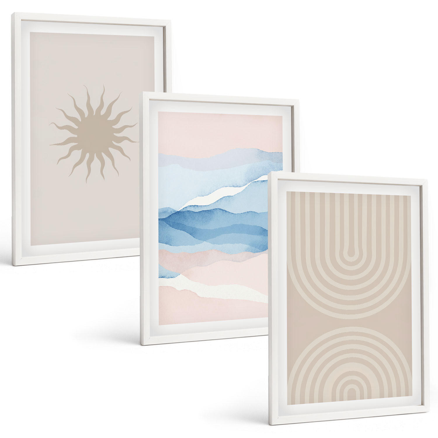 BILDER SET 3er Set - 40x60 cm Weißer Rahmen - Sonnenwellen abstrakte Linien Pastell - Weiß, Kunststoff (40/60cm) - TULUP