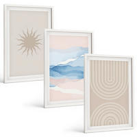 BILDER SET 3er Set - 40x60 cm Weißer Rahmen - Sonnenwellen abstrakte Linien Pastell - Weiß, Kunststoff (40/60cm) - TULUP