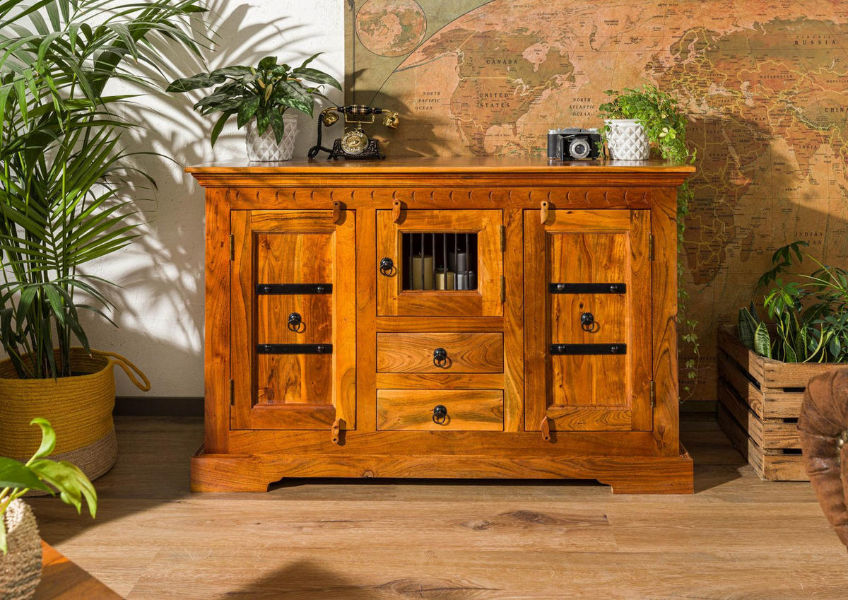 KOMMODE Akazie 130x50x85 honig lackiert OXFORD #0412 - Braun, Holz (130/85/50cm) - Massivmoebel24