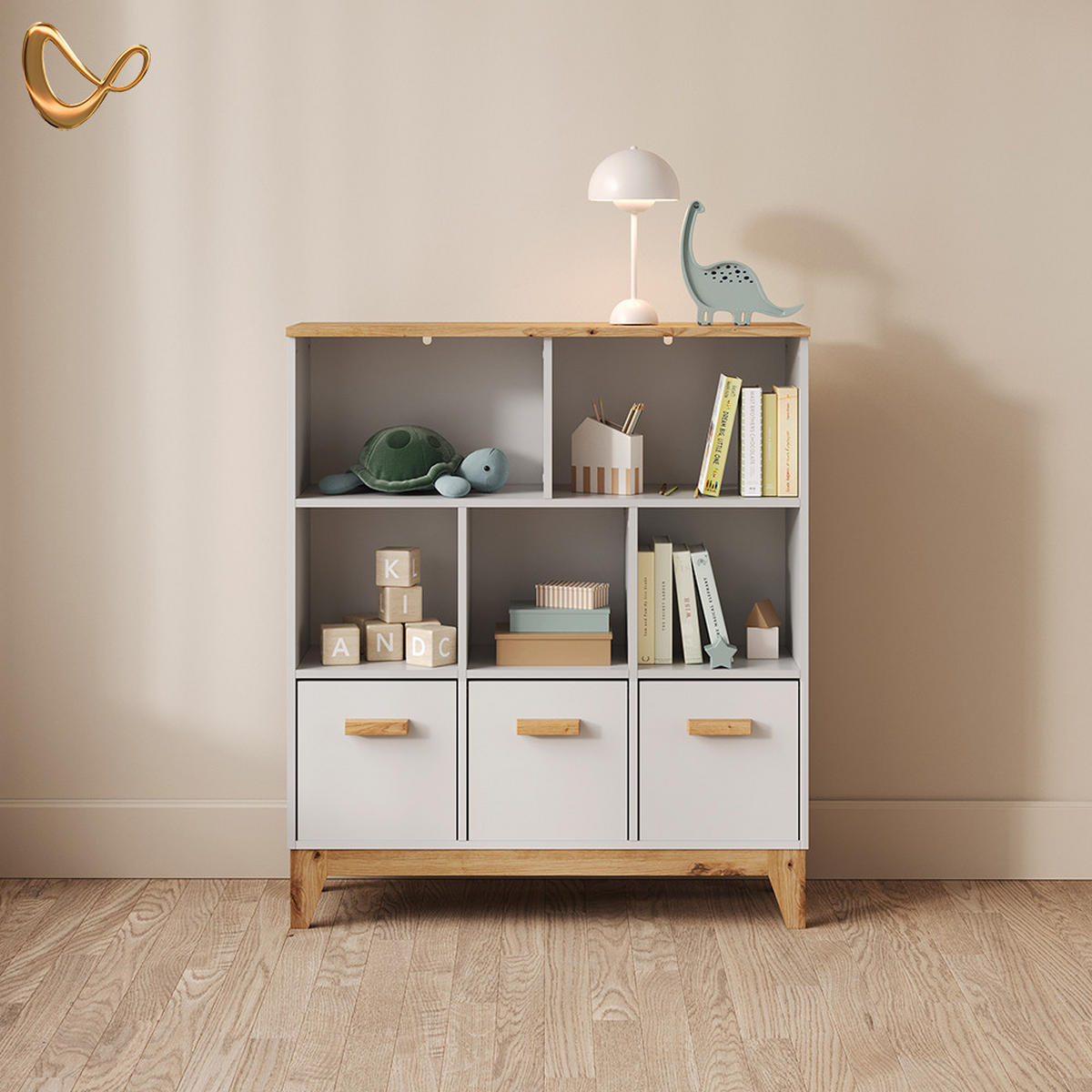 KINDERREGAL Mailo Weiß/Artisan 98.4 x 113.4 cm XL mit 3 Schubladen - Weiß/Eiche Artisan, Holzwerkstoff (98.4/113.4/32.6cm) - Livinity®