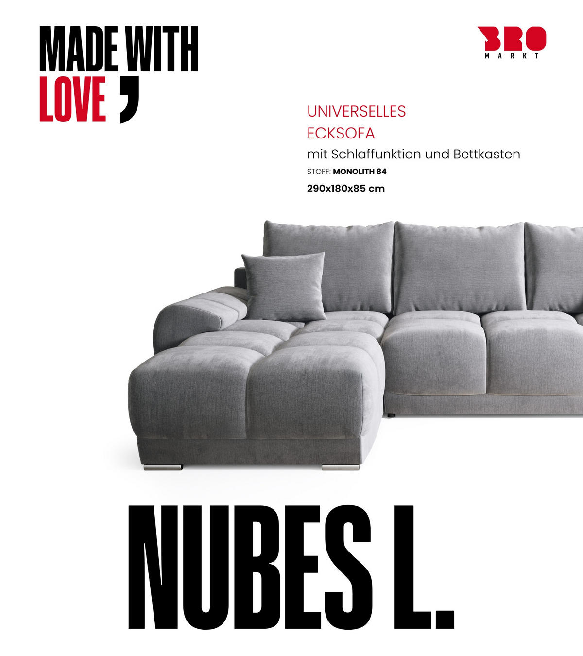 ECKSOFA Nubes mit Schlaffunktion Grau Plüsch - Silberfarben/Grau, Kunststoff/Textil (290/180cm) - Bromarkt