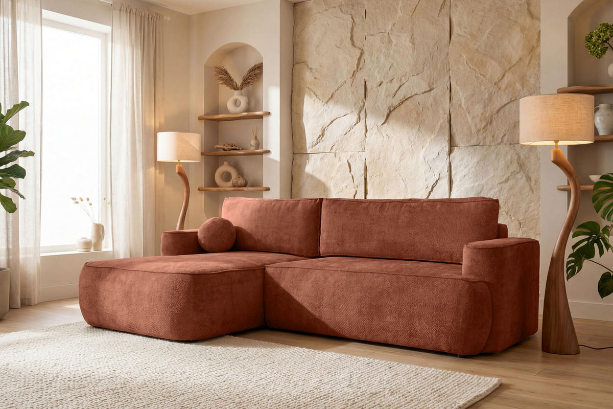 ECKSOFA Marion mit Schlaffunktion & Bettkasten in Chenille Terakotta, Orange, Links 267/154/83 cm - Terracotta/Schwarz, Kunststoff/Textil (267/154cm) - WFL GROUP