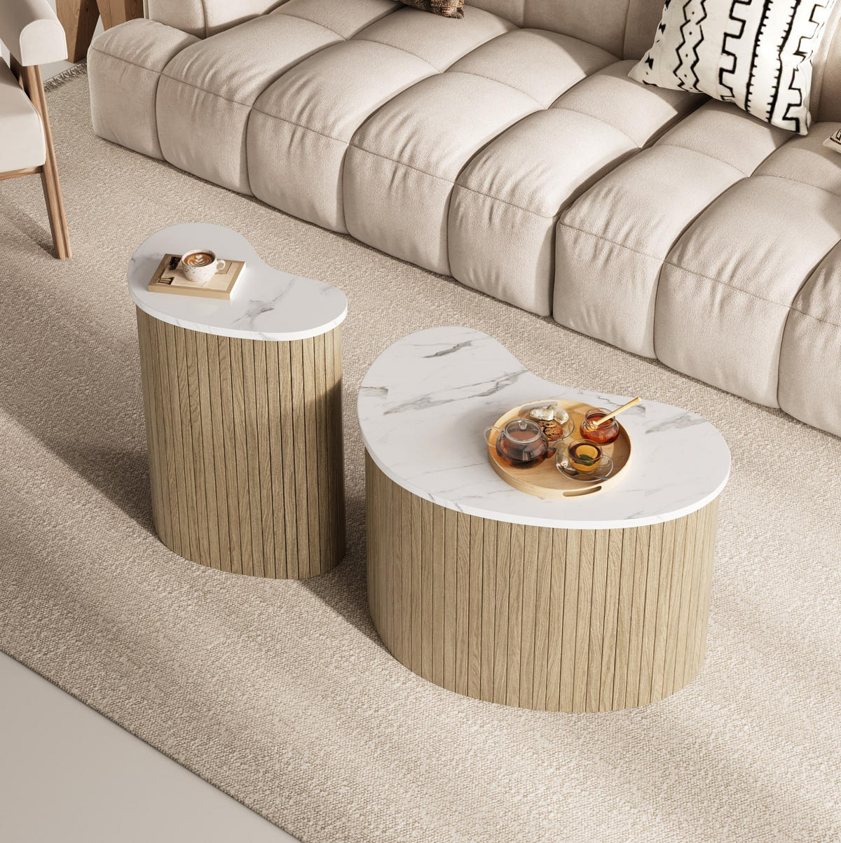 COUCHTISCH 2er-Set geschwungen MDF Natur/Weiß - Weiß, Holz (60/60/38cm) - Meubliv