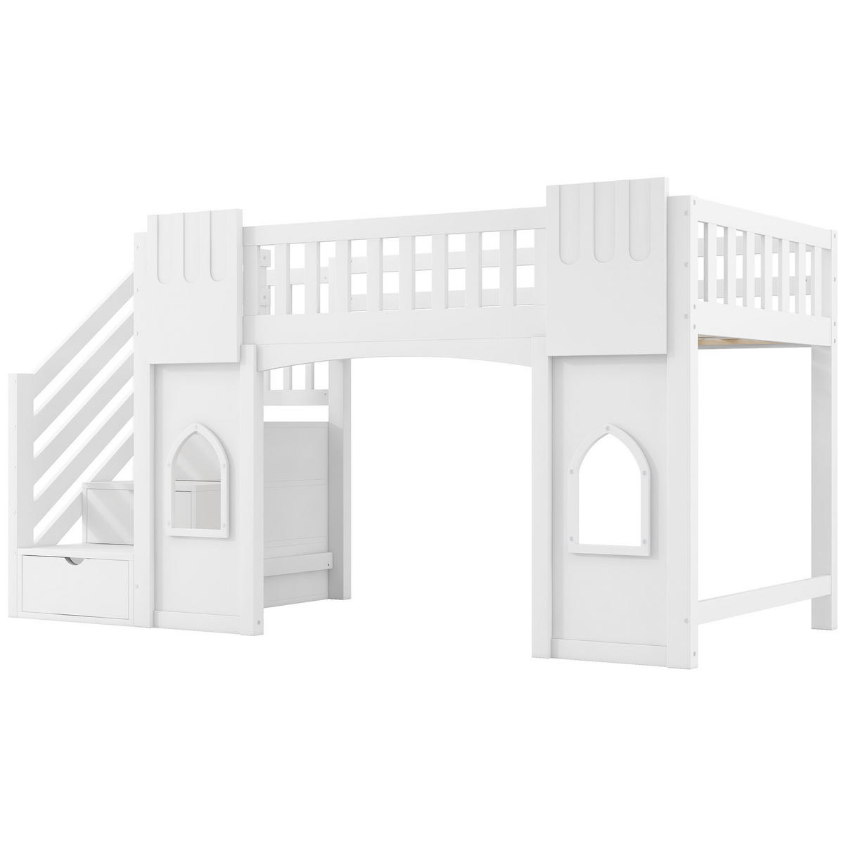 HOCHBETT 90/200 cm aus Kiefer, MDF und Sperrholz mit Stauraumtreppe und Fenstern Weiß - Weiß, Holzwerkstoff (90/200cm) - Modenvie