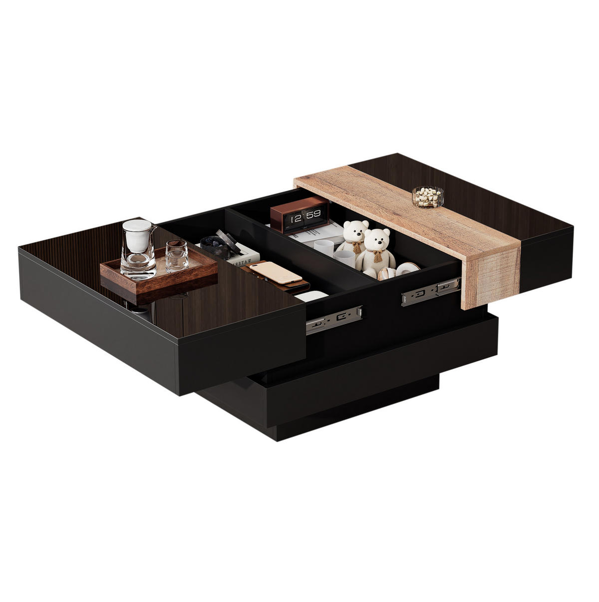 COUCHTISCH mit ausziehbarer Platte & Stauraum, MDF/PB, Schwarz-Holz Optik, Hochglanz, 70/70/39 cm,Schwarz - Schwarz, Holzwerkstoff (70/70/39cm) - Redom