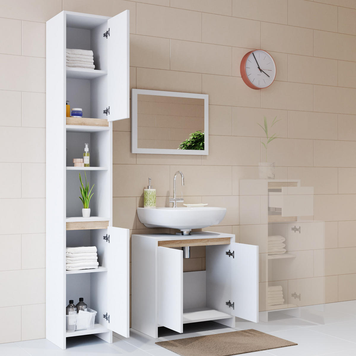 BADMÖBEL-SET Emma Weiß/Sonoma 3 Teile, mit Hochschrank - Weiß/Sonoma Eiche, Holzwerkstoff (58/60/33cm) - Vicco