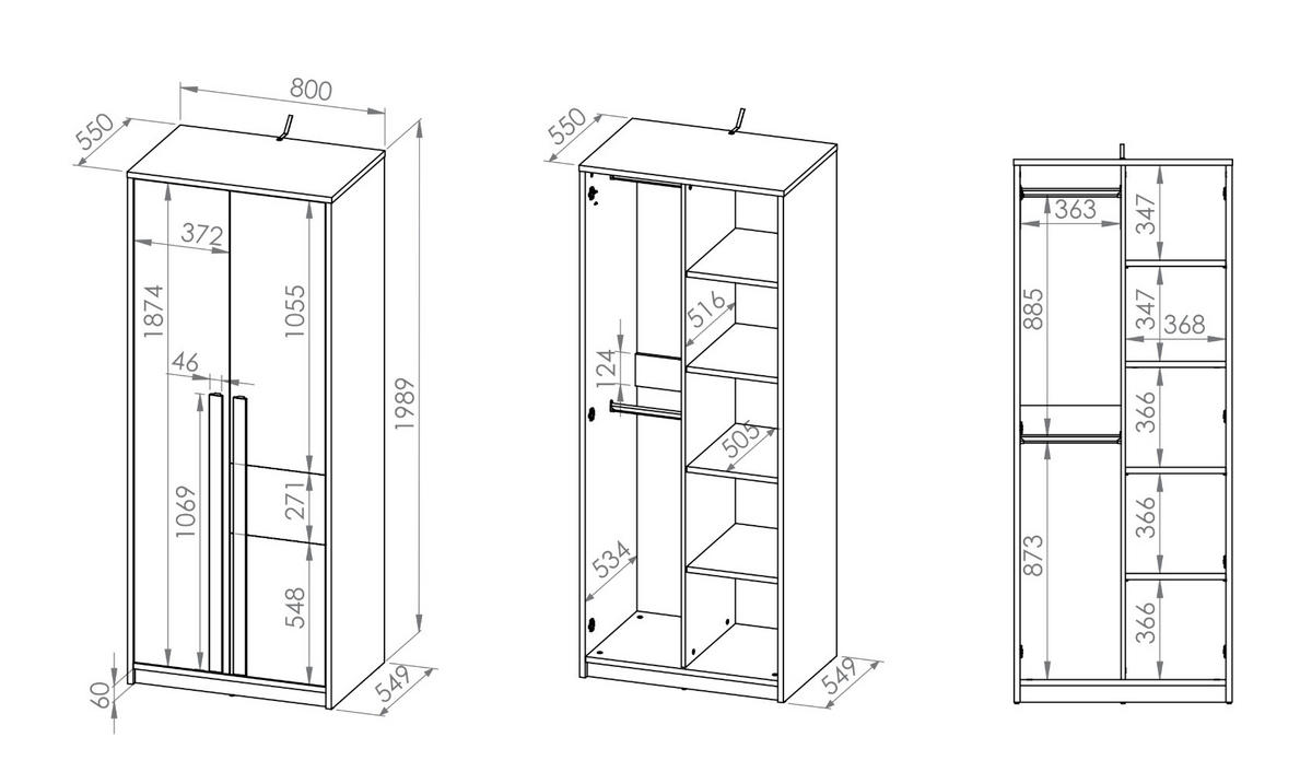 KLEIDERSCHRANK Drop Fjord Buche / weiß / grau 80 / 55 / 199cm - Multicolor/Braun, Holz/Holzwerkstoff (80/199/55cm) - Feldmann-Wohnen