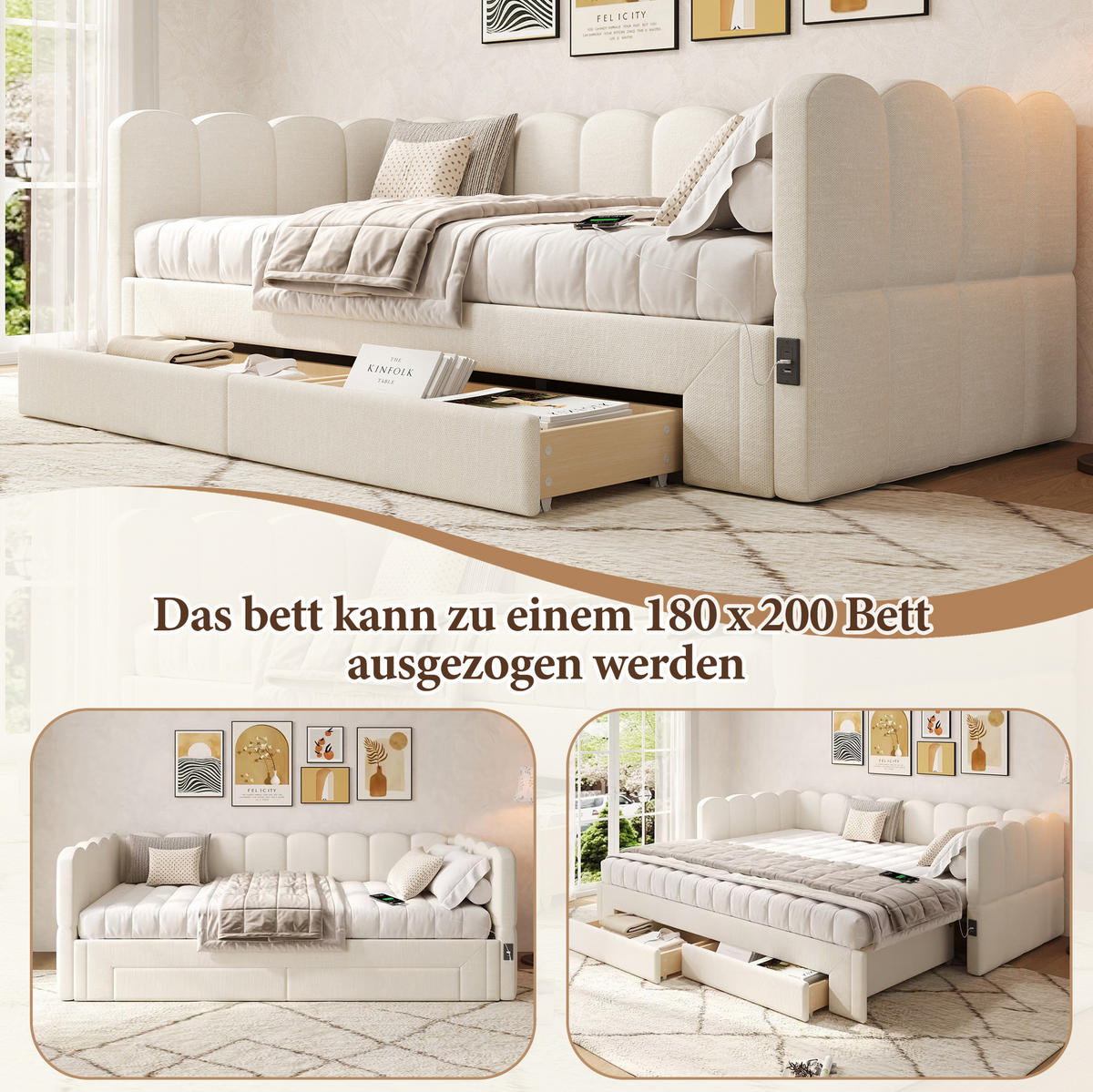 TAGESBETT 90/200 cm ausziehbar auf 180/200 cm mit 2 Schubladen, USB- und Typ-C-Anschluss, Leinenbezug, Beige - Beige, Textil (90/200cm) - Redom