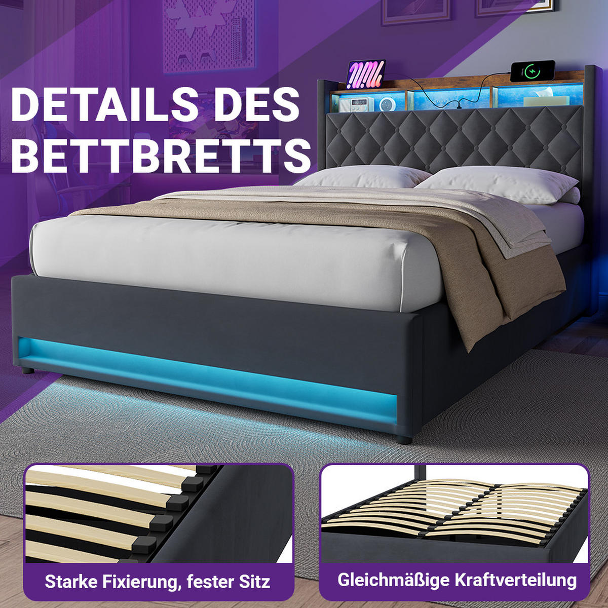 POLSTERBETT 140/200 cm in Grau, Samt, mit Bettkasten, USB, LED, ohne Matratze - Grau, Holzwerkstoff/Textil (140/200cm) - WISHDOR